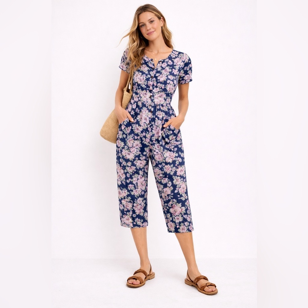 Vintage 90s Laura Ashley Floral Cotton Jumpsuit Pockets Made in Ireland Medium